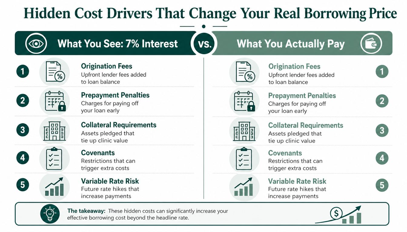 A comparison chart showing how hidden fees and risks increase the total cost of business loans.