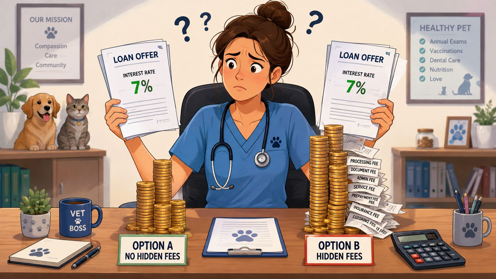 A worried veterinarian choosing between two identical loan offers with hidden fees displayed on stacks of coins.