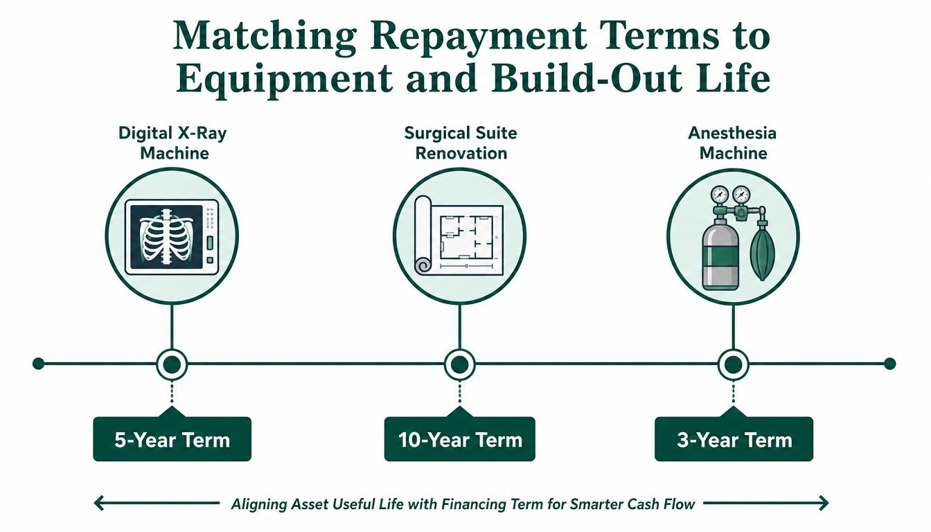 A diagram illustrating matching repayment terms to the useful life of various medical and surgical equipment.