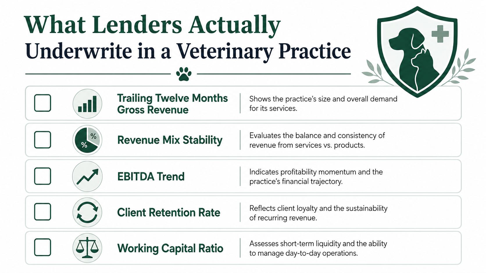 An infographic titled What Lenders Actually Underwrite in a Veterinary Practice listing five key financial assessment factors.