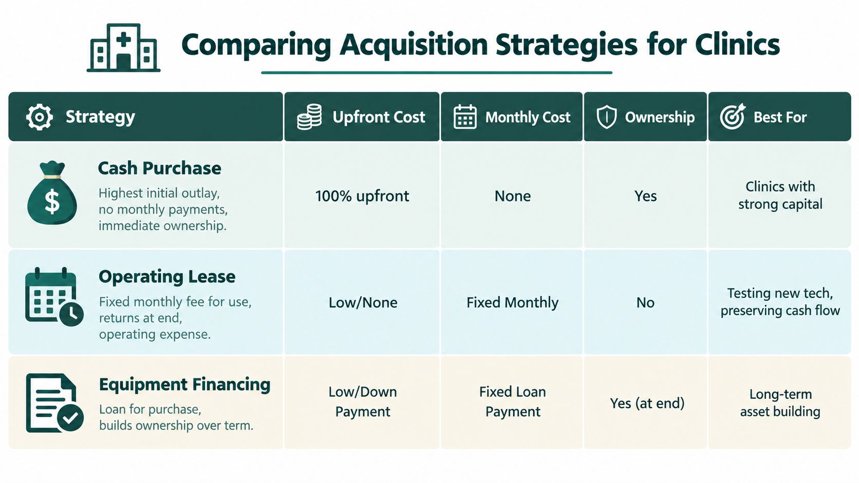 A comparison chart outlining acquisition strategies for clinics including cash purchase, operating leases, and equipment financing options.