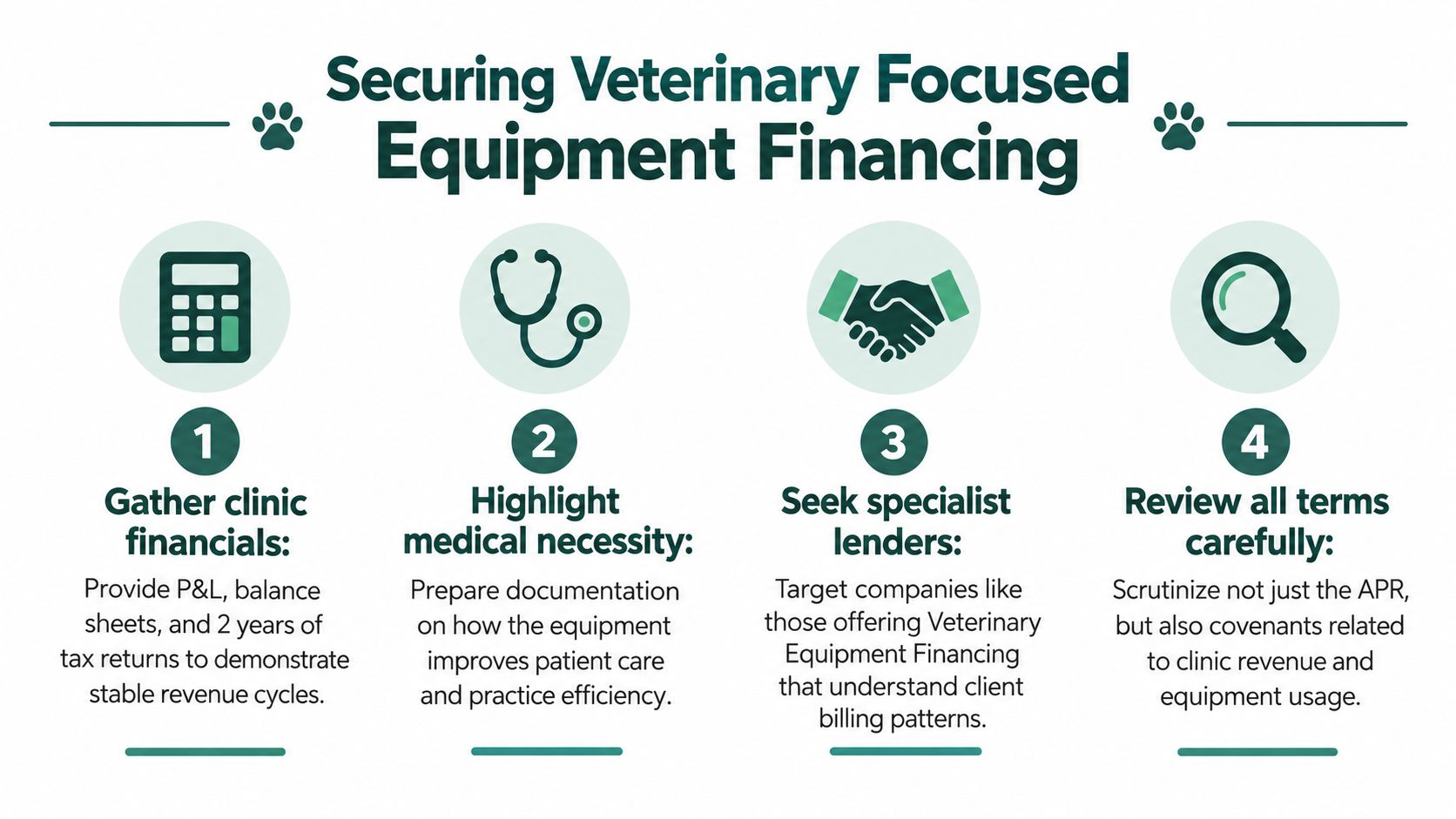 A four-step infographic illustrating essential steps for securing veterinary equipment financing for a medical clinic.