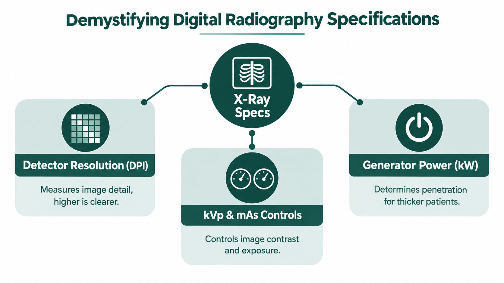 An infographic titled Demystifying Digital Radiography Specifications, explaining detector resolution, generator power, and kVp and mAs controls.